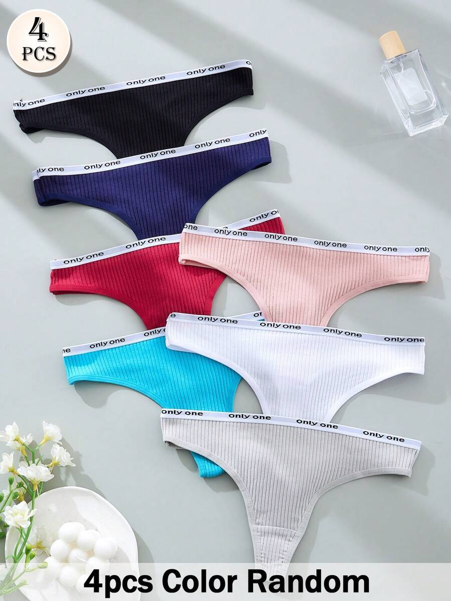 APRSEA 4 chiếc/gói, màu ngẫu nhiên, quần lót G-string nữ - Quần lót cạp thấp gợi cảm in chữ, chất liệu vải dệt kim thoải mái, dây thun in chữ ẩn. - Nhiều màu - Xem 1