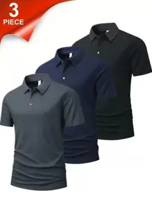 3 Pieces Men'S Short-Sleeve Polo Shirts For Summer, Featuring A Classic Collar, Solid Colors, And Suitable For Casual Sports Wear.
