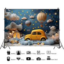 1pc Dream Sky And Balloons Birthday Party Background Banner, Polyester Material, Multi-Size, Cloud And Star Themed Photography Background, Yellow Vehicle And Hot Air Balloon, Multi-Functional Decoration For Birthdays, Baths, Cake Table, Photo Studio, No Electricity Required