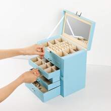 Hộp đựng trang sức lớn Frebeauty, Hộp đựng trang sức bằng da PU 6 tầng, Hộp đựng đa năng có gương, Giá đựng phụ kiện có 5 ngăn kéo đựng vòng cổ, vòng tay, đồng hồ, đồ lưu trữ khi quay lại trường học - Màu xanh lam - Xem 3