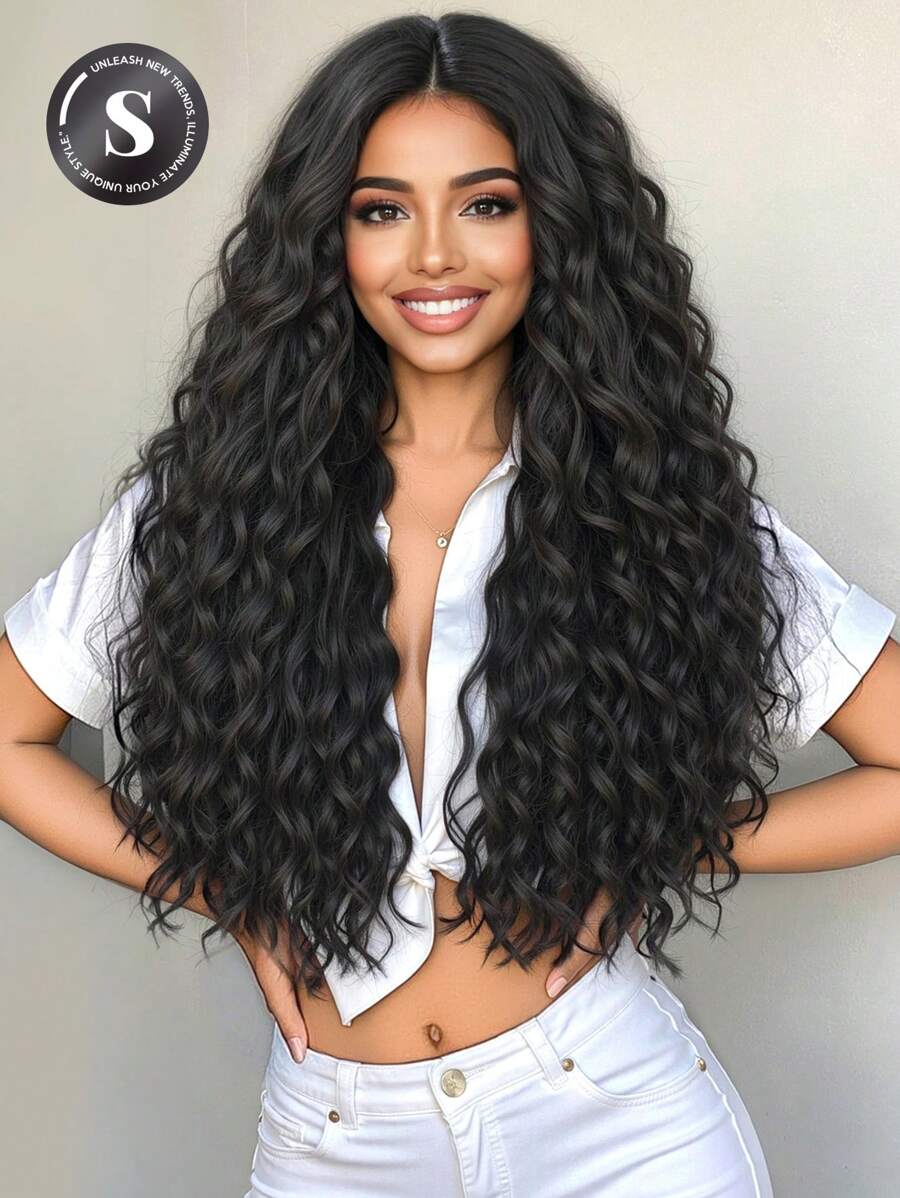 Peluca sintética de 28 pulgadas de largo con cabello ondulado sin flequillo: de aspecto natural y resistente al calor para fiestas, cosplay y uso diario