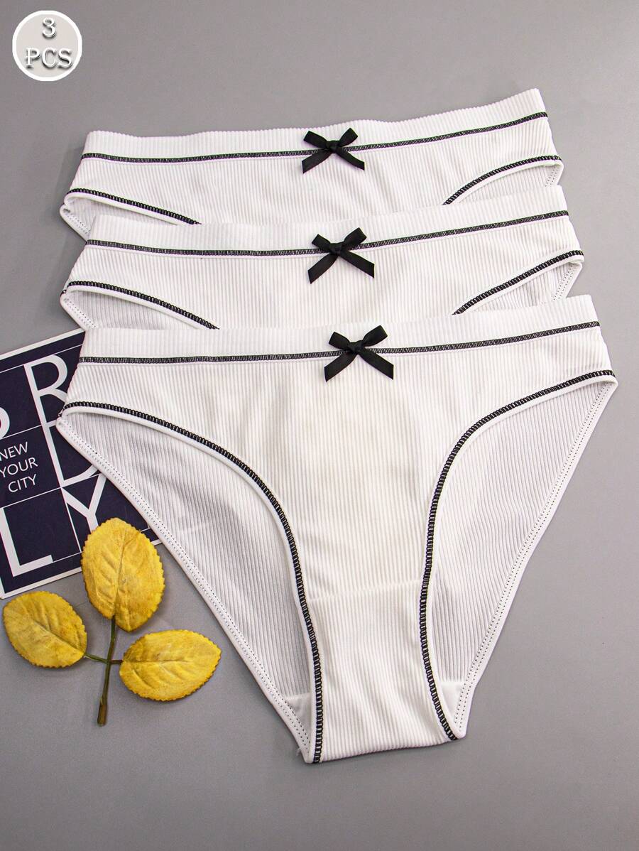 3pcs Bow Front Contrast Binding Brief - White - View 1