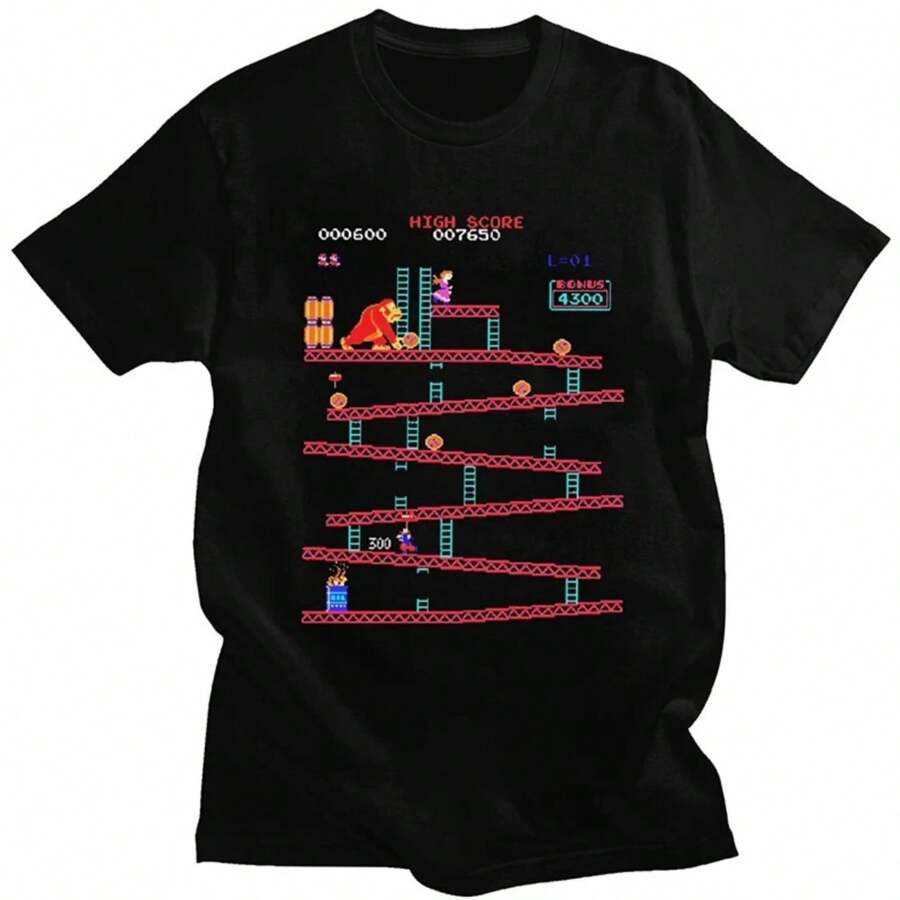 Funny Donkey Kong T Shirt Men Arcade Game Collage T-Shirt Vintage Cotton Tee Short Sleeve Retro Tshirt Streetwear Oversize - 黑色 - 查看 1