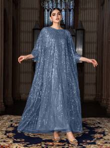 Faeriesty SHEIN X Hannahelzahed Women Elegant Boat Neck Elbow-Length Batwing Sleeve Gown With Beaded & Sparkly Sequin-Embellished Chiffon – Luxe Partywear For Spring Summer Galas & Weddings (Ideal For Red Carpet & High-Society Events),Summer Holiday Outfits - Dusty Blue - View 2
