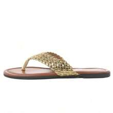 Women Braided Thong Flat Sandals – Casual Summer Slip-On Slide Slippers For Beach, Vacation & Everyday Wear [Size Up Half Size] - 金色 - 查看 4