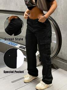 Women's Solid Color Cargo Pocket Straight Leg Casual Loose Pants