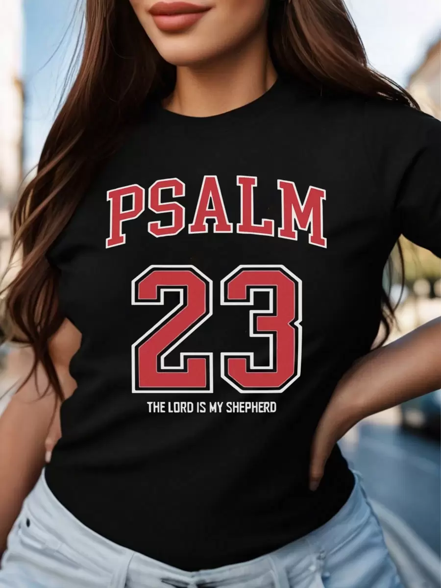 Oversized Style For Women, Psalm 23 The Lord Is My Shepherd T-Shirt Classic Script T-Shirt For Comfort Seekers Perfect For Everyday Wear And Church Services, Oversize Type Shirt For Women, Perfect For Holiday Parties Or Gift Giving, Soft And Comfortable - 黑色 - 查看 1
