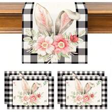 Set Of 5 Easter Table Decorations, 1Pc Table Runner And 4Pcs Placemats Set, Spring Bunny Rabbit Decor, Linen Spring Easter Decorations For Kitchen Dining Indoor Outdoor Home Party Table Decor