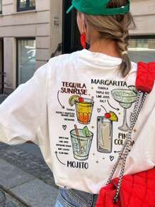 Women's Summer Cocktails And Slogan Graphic Round Neck Short Sleeved T Shirt ,Casual Loose And Versatile Holiday Style Tops,Fashionable Summer Outfits Suitable For Daily Holiday Wear