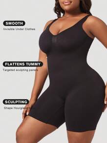 1 pièce Combinaison sans couture mincissante pour femme grande taille, body noir sculptant qui met en valeur le buste, contrôle du ventre, body taille haute