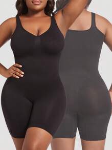 1 pièce Combinaison sans couture mincissante pour femme grande taille, body noir sculptant qui met en valeur le buste, contrôle du ventre, body taille haute