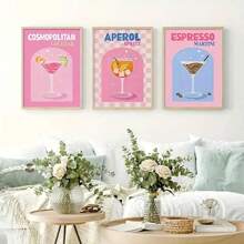 3pcs Set Preppy Aesthetic Cocktail Canvas Prints, Colorful Cocktail Wall Art Posters, Frameless Decor For Living Room, Bedroom, Bathroom, Office, Corridor, Kitchen Gifts Birthday Graduation