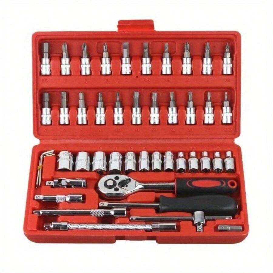 46 Pieces Set Mechanic Tool Kit 1/4-Inch Drive Ratchet Socket Wrench Set With Storage Case,Includes Metric Bit Sockets And Extension Bar For Car Repair And Home Maintenance - Red - View 1