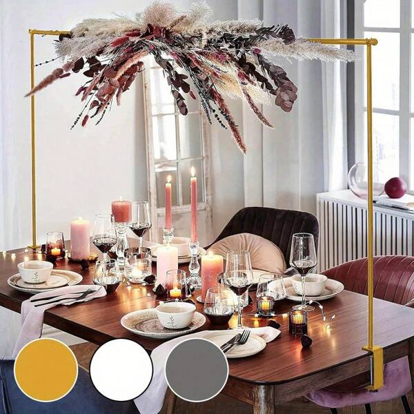 Tall Over The Table Rod Stand With Clamps Adjustable 135-250cm Gold Metal Table Arch Stand Table Clamp Stand Hanging Rail Party Stands For Decorations Wedding Anniversary (Gold)