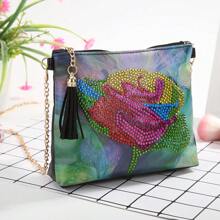 1 件 5D DIY 独特花卉图案钻石画套件斜挎包 - 带不对称钻石的 PU 皮革艺术手提包、拉链和链条单肩包、创意工艺礼品套装