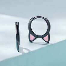 bamoer 1 件 925 纯银可爱黑粉色猫耳圈耳环女式迷你可爱宠物爪耳钉夹女孩生日珠宝礼物