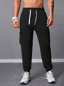 Men's Loose Jacquard Texture Sweatpants, Drawstring Cargo Harem Pants With Big Pockets, Hip Hop Casual Streetwear - 黑色 - 查看 3