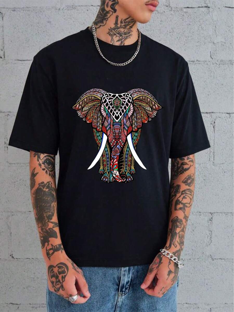 Men's Casual Elephant Print Short Sleeve T-Shirt