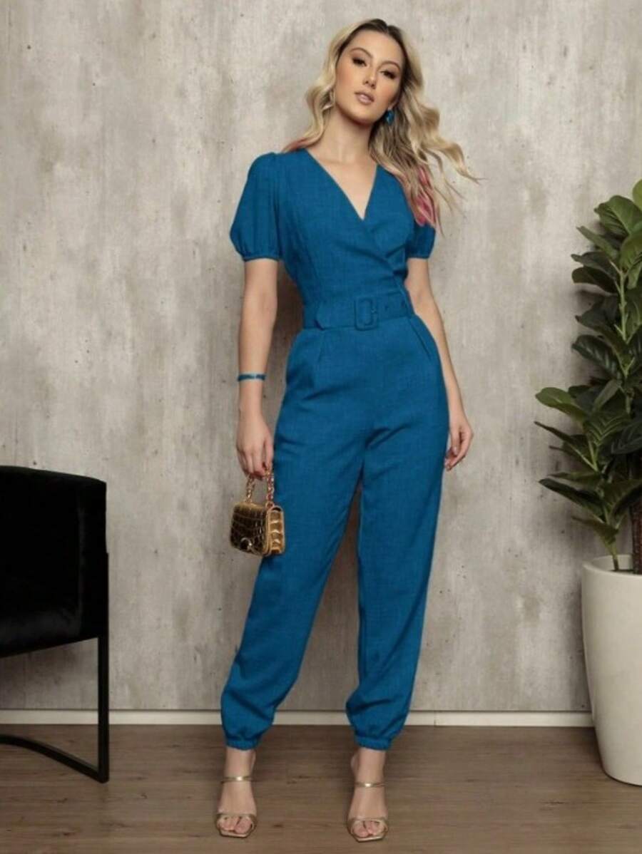Plain Linen Jumpsuit With V-Neckline And Free Belt - Teal Blue - View 1