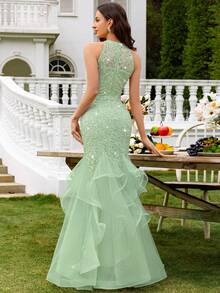 MIUSOL Đầm maxi dự tiệc trang trọng, thanh lịch, sang trọng, thích hợp cho khách dự đám cưới, lễ tốt nghiệp, tiệc gala và các dịp khác, với chất liệu ren hoa đính sequin và lưới tương phản. - Màu xanh Bạc hà - Xem 3