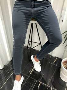 Slim Fit Stretch Distressed Cat Whisker Hem Jeans, Washed Denim Pants For Men - Grey - View 9