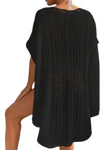 Women Summer Casual Cover Up, Solid Color Short Sleeve Hollow Out Bandage Tassel Loose Beachwear - 黑色 - 查看 6