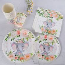 Juego de vajilla desechable con flores rojas y elefantes, platos de 7/9 pulgadas, servilletas, vasos, regalos y suministros para fiestas de cumpleaños, platos de papel desechables, servilletas, vasos, apropiado para decoraciones de fiestas con temática de cumpleaños