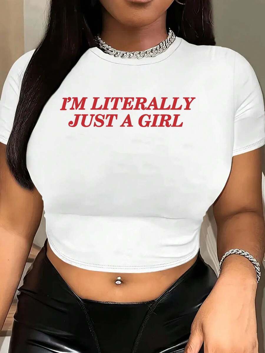 Letter Printed Short T-Shirt, Y2K Spring And Summer Short-Sleeved Crop Top, Women's Top - 白色 - 查看 1