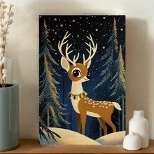 Framed   Christmas Cartoon Deer Canvas Print Wall Art, Contemporary Style Festive Winter Poster, For Living Room, Bedroom, Office, Hallway, Kitchen Wall Decor, Ideal Christmas Gift - 裱框 - 查看 1