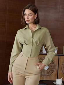 Women's Casual Stylish Short Turndown Collar Herringbone Patterned Single-Breasted Shirt Blouse, Long Sleeve Top, Suitable For Summer And Spring