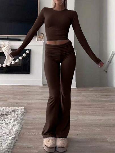 Women's Round Neck Long Sleeve T-Shirt And Pants Casual Matching Set, Versatile For Spring