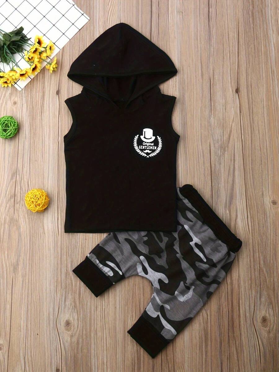 Baby Boys Summer Clothes Set Sleeveless Letter Print Black Hooded Vest+Camouflage Harem Pants Kids 2Pcs Fashion Outfits 0-4Y