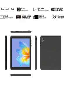 PEICHENG CP81 Android 平板电脑 8 英寸 WiFi 平板电脑，Android 14/RK3326S 4 核 1.5Ghz/2GB RAM 32GB ROM/1280x800 IPS 高清触摸屏/2MP+2MP 双摄像头/2.4G WiFi/BT 4.0/4000mAh 电池/支持 512GB SD 扩展（无适配器） - 黑色 - 查看 4