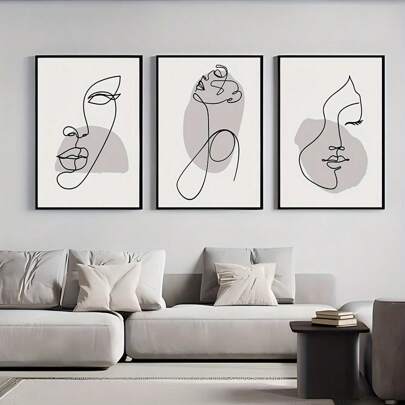 3 件套别致米色和灰色抽象面部线条帆布艺术印刷品 - 客厅、卧室、餐厅的无框墙面装饰 - 完美的礼物创意，帆布墙面艺术