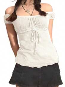 Womens Summer Y2K Lace Tops, Fairy Grunge Short Sleeve Low Cut Drawstring T-Shirt Cute Off Shoulder Square Neck Tee - trắng - Xem 2