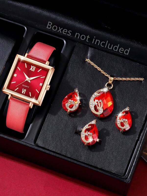 5PCS Rode PU leren band dameshorlogeset Fashion Ins stijl vierkante wijzerplaat quartz horloge oorbellen ketting ringset geschikt voor dagelijkse kleding bijpassende vakantiegeschenken