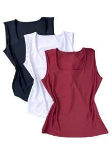 Kit Of 3 Women's Blouses With Square Neckline And Straight Suplex - 酒紅色 - 查看 2