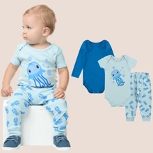 Kit 3 Peças Body Bebê Manga Longa Roupas de Bebê 100% Algodão Inverno Frio - Azul - Visão 1