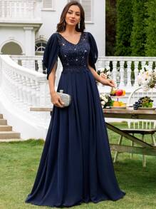 MIUSOL 优雅 V 领亮片花卉蕾丝褶皱下摆正式派对礼服、婚礼宾客礼服、晚礼服、长袍