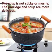3 pièces Set de batterie de cuisine en fonte avec pierre de Maifan anti-adhésive - comprend une poêle à frire, une casserole et une marmite à soupe avec des poignées en bois - Cuisson sans huile pour la maison et le restaurant, compatible avec les cuisinières à gaz et à induction