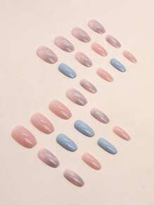Bộ 24 móng tay giả vuông ngắn kiểu Pháp, họa tiết phối màu tương phản tối giản, bao gồm 1 dũa móng và 1 gel dán, dụng cụ chăm sóc móng. - Nhiều màu - Xem 2