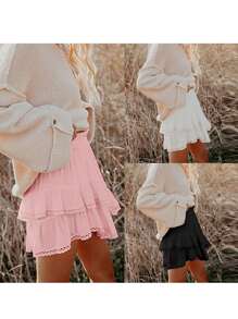 Women's Summer Skorts Casual Layered Ruffles Solid High Waist Mini Skirts With Shorts - màu đen - Xem 3