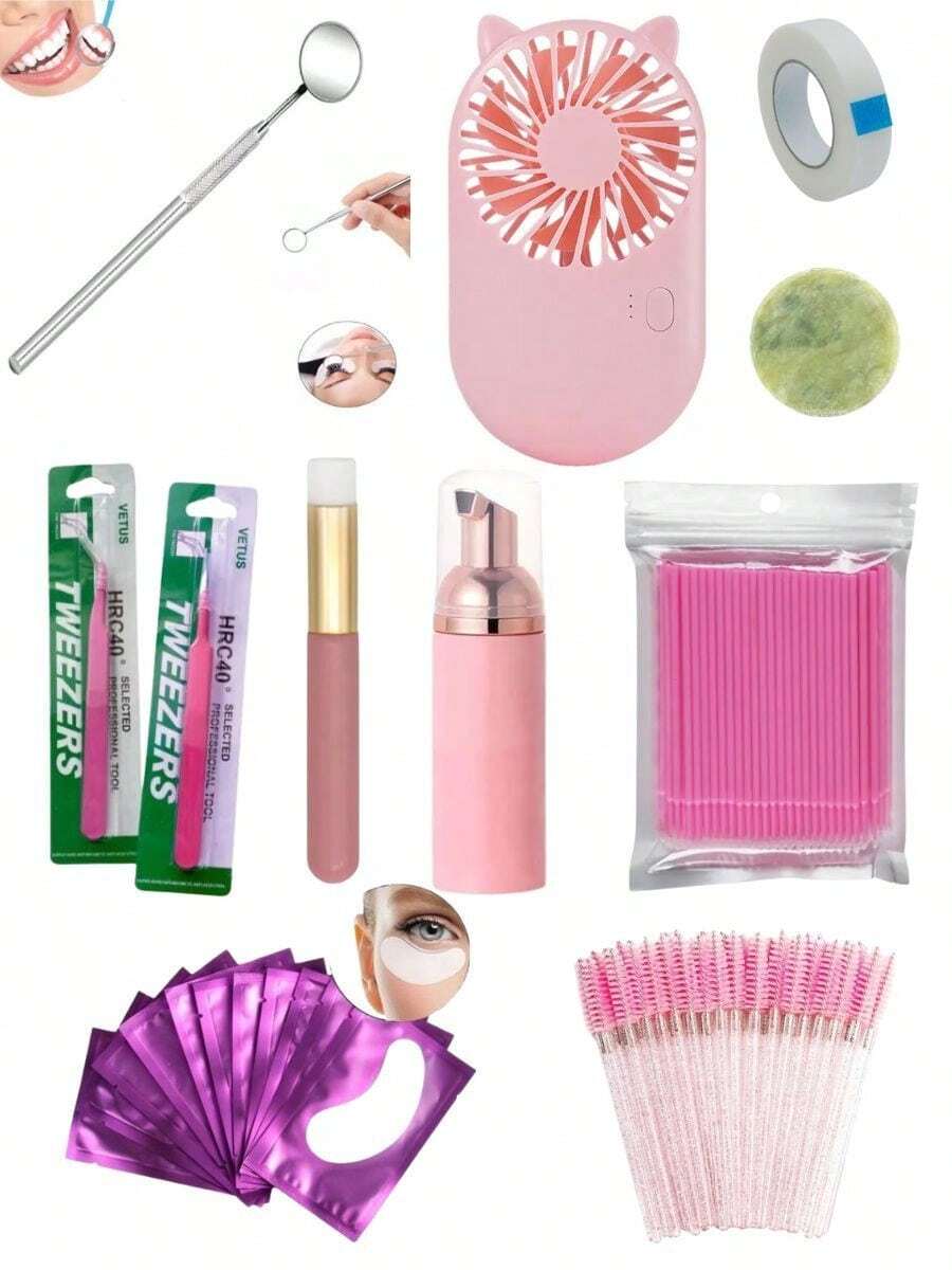Kit Extensão Cílios Ventilador USB Frasco Pump Espumador Pinça Vetus Pincel Limpeza Escovinha Microbrush - Multicolorido - Visão 1