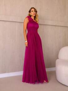 Women's Long Dress Flower One Shoulder Sleeveless Tulle Skirt Shiny Party Fashion Prom - 玫瑰紅 - 查看 2