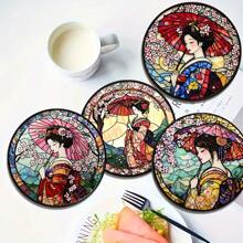 4pieces Japanese Cherry Blossom Wooden Coaster-Heat-Resistant Non-Slip Table Mat, Suitable For Home, Office And Theme Parties, 3.9 Inches