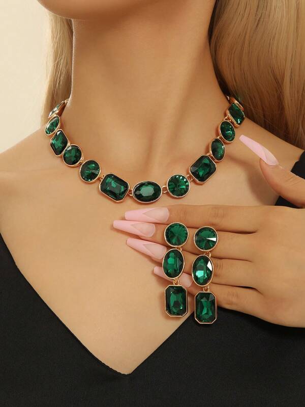 3pcs/Set Green Glass Asymmetrical Earrings & Necklace Jewelry Set For Women