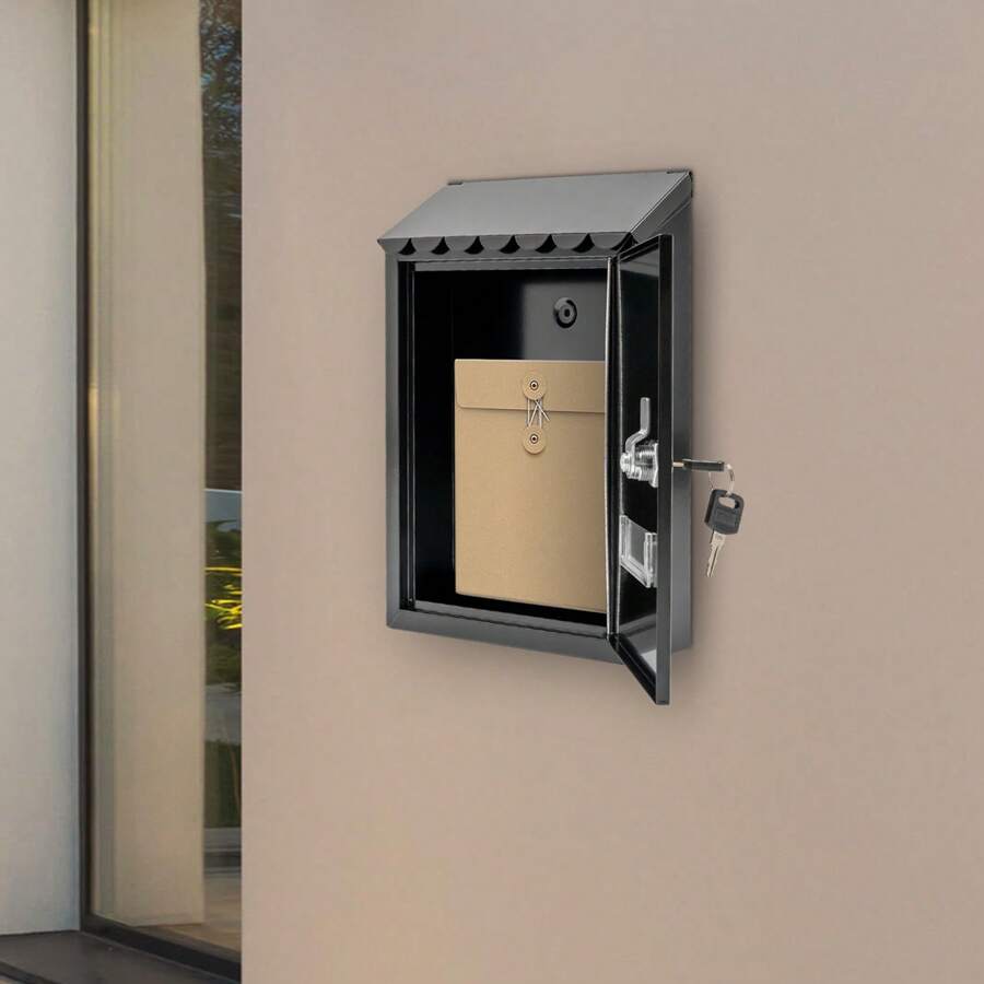 Rainaut Black Wall-Mount Mailbox, Key Lock Mail Boxes Outdoor Metal Security Key Drop Box With 2 Keys, 11.8in(H)*8.54in((L)*2.7in(W) - Black - View 1