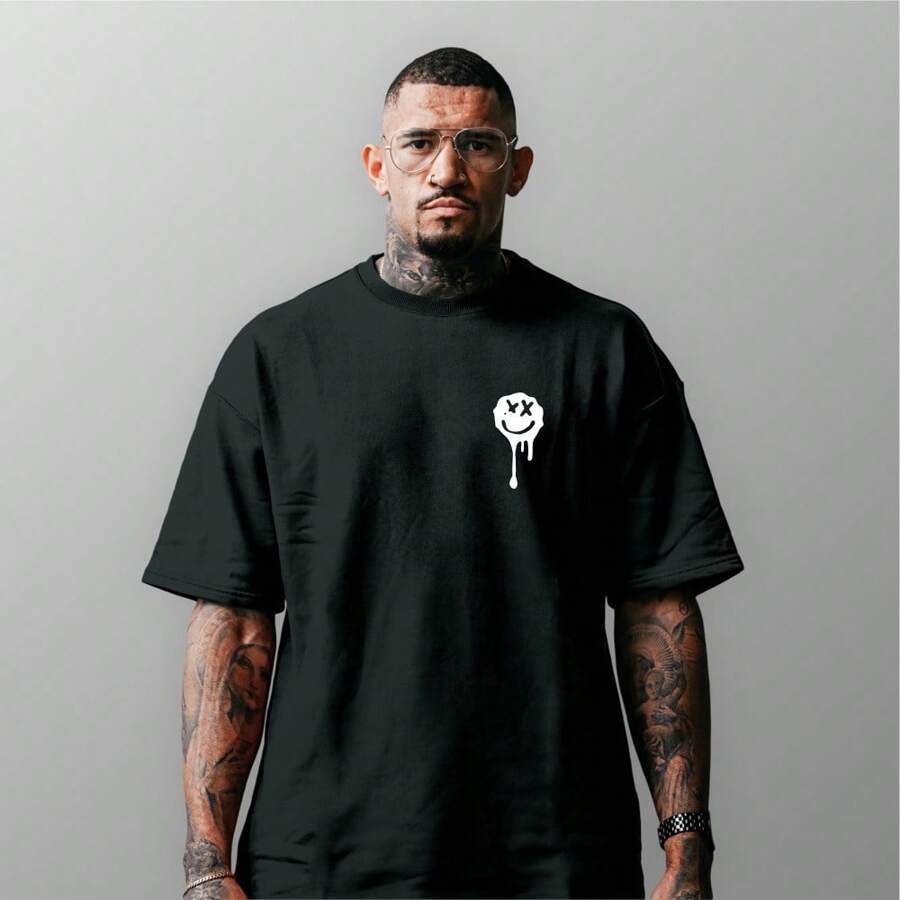 Men's Oversized StreetWear Smile Melting Chest T-Shirt 100% Cotton From S To Plus Size G3 - 黑色 - 查看 1
