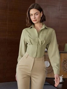 Women's Casual Stylish Short Turndown Collar Herringbone Patterned Single-Breasted Shirt Blouse, Long Sleeve Top, Suitable For Summer And Spring