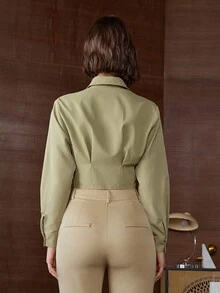 Women's Casual Stylish Short Turndown Collar Herringbone Patterned Single-Breasted Shirt Blouse, Long Sleeve Top, Suitable For Summer And Spring